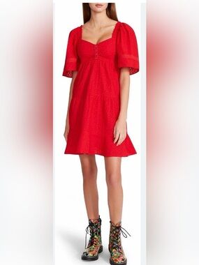Betsey Johnson Red Puff Sleeve Tiered  Cotton Dress